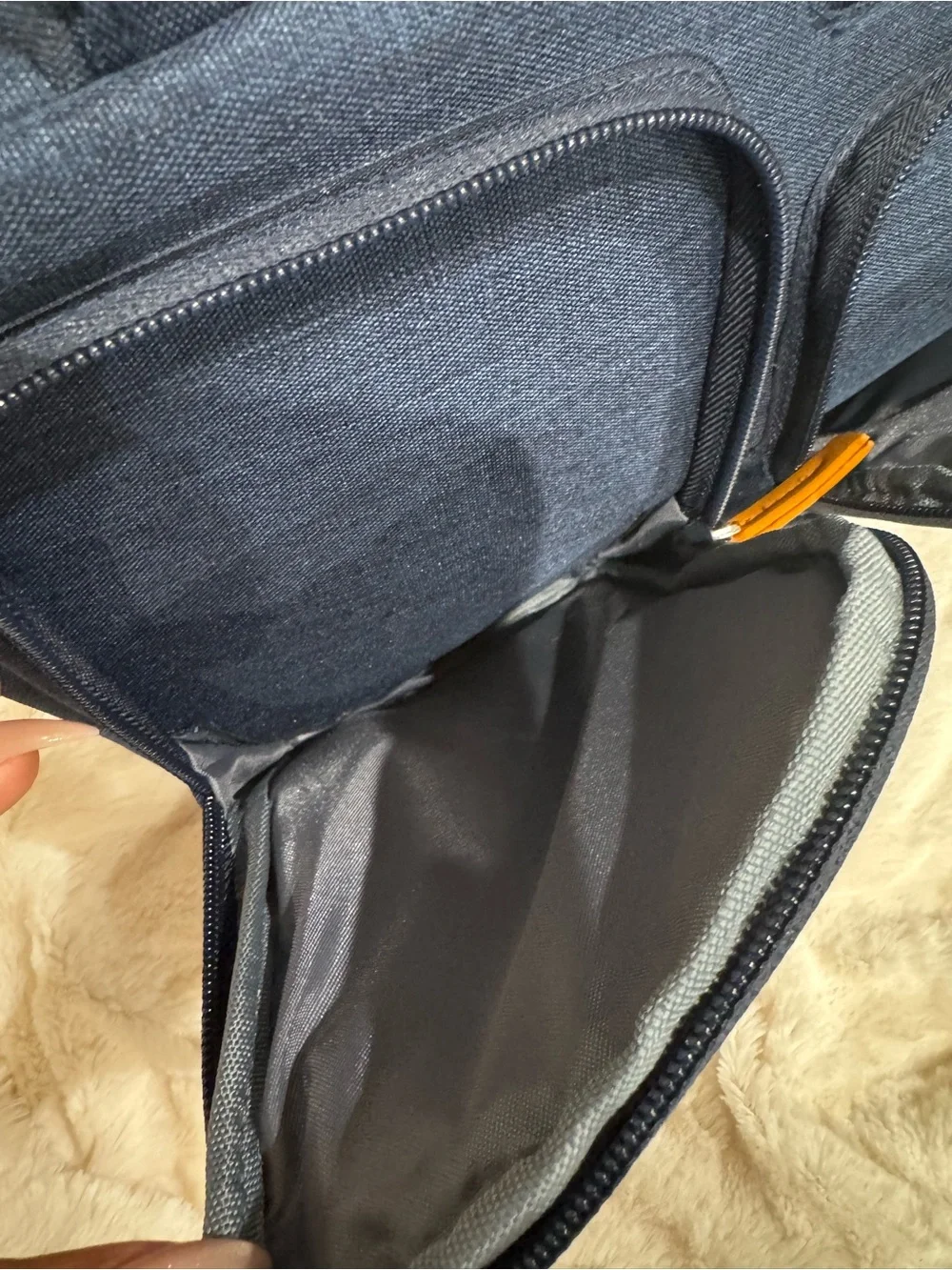 Navy Shoulder Tech Bag with Tan Accents